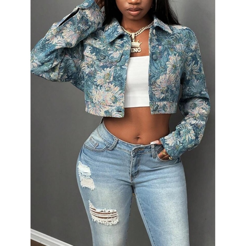 Cottagecore Floral Tapestry Cropped Jacket Blue Jacquard Woven Trucker Small 4